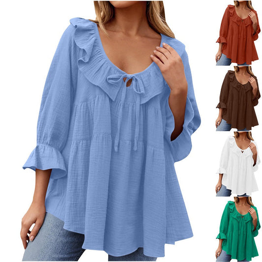 🎁 Hot Sale 49% OFF 🔥Women's 3/4 Sleeve Tie Front Ruffle Tiered Shirts